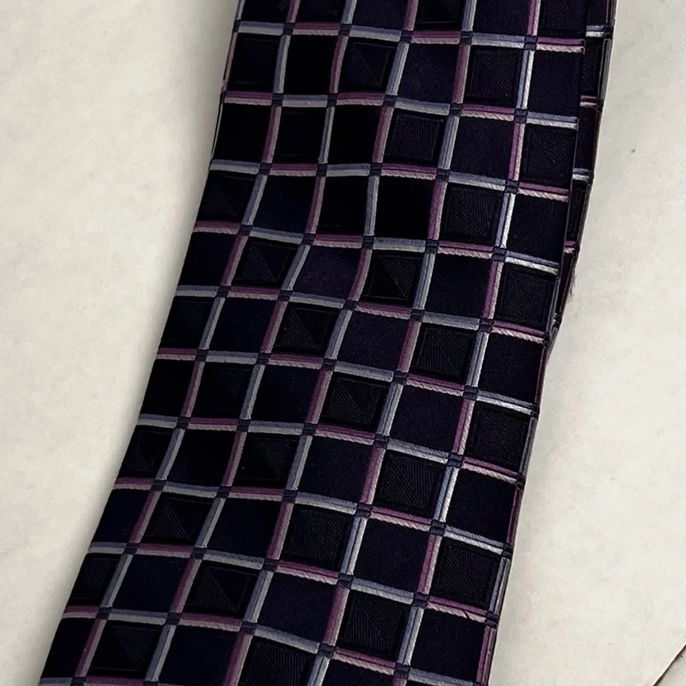 Michael Kors men's necktie black‎ with colorful squares of pink purple and blue